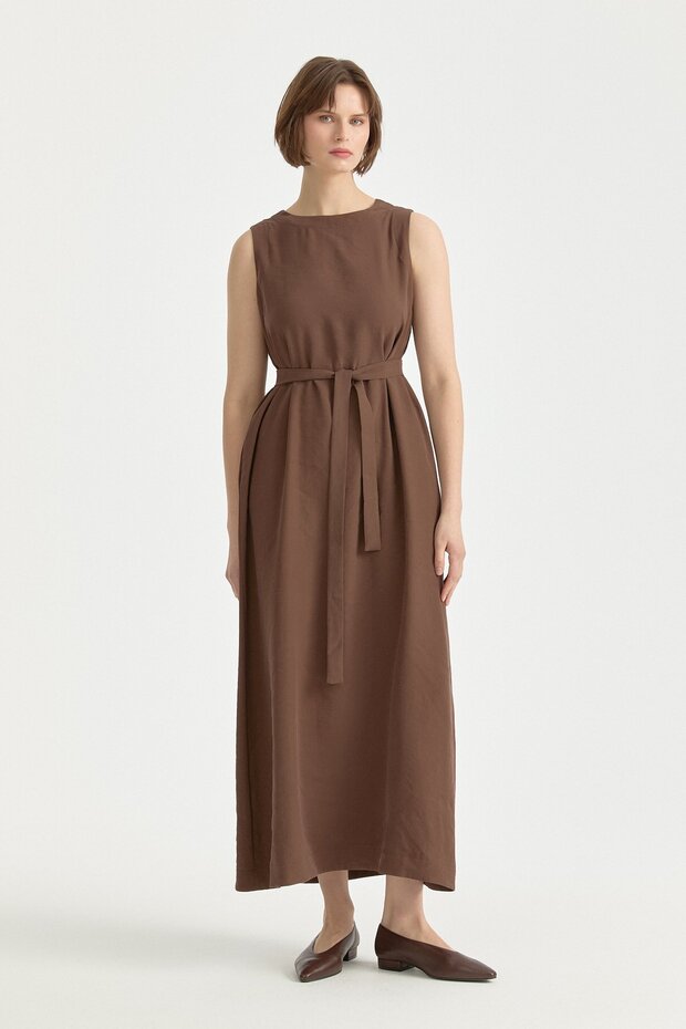 Kolsuz Kuşaklı Modal Basic Elbise Kahve - 2