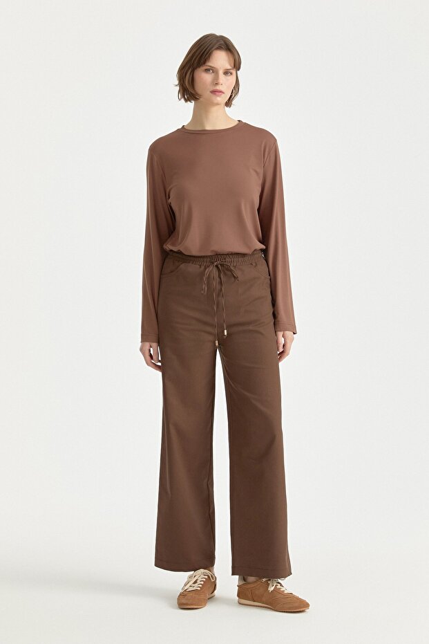 Elastic Waist Canvas Wide-Leg Basic Cotton Trousers Brown