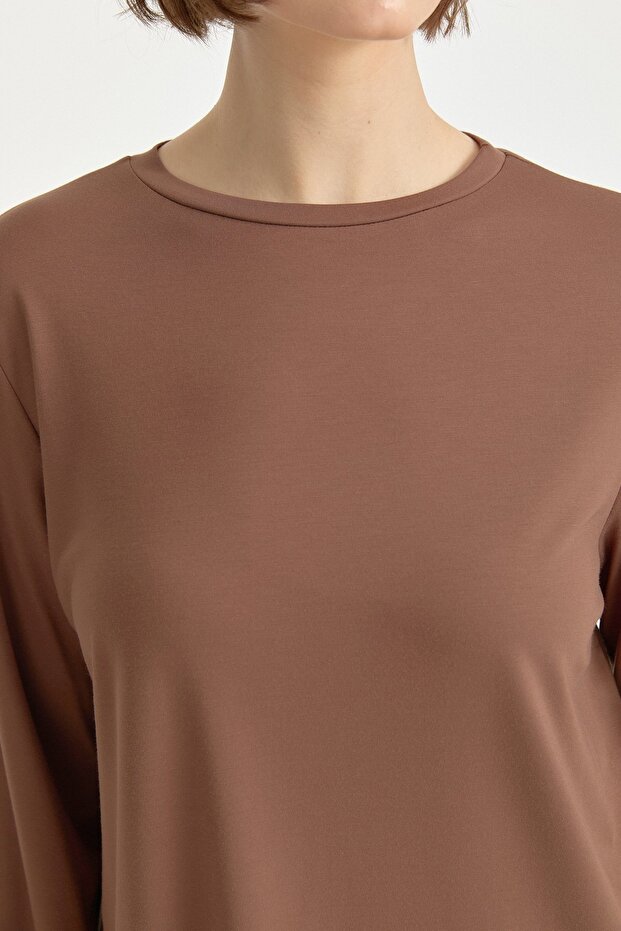 Büyük Beden Basic Örme Bluz Kahve - 3
