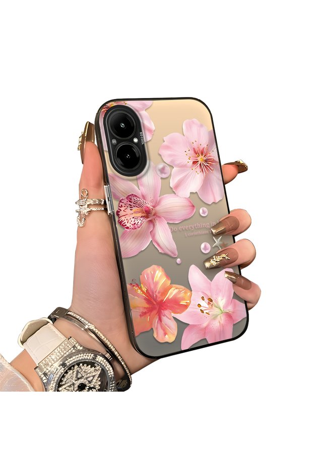 Realme C67 4g Compatible Hard Acrylic Back Silicone Edge Lens Protection Case Lily Pattern