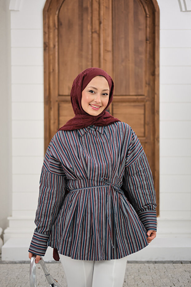 Women's Pleated Hidden Button Striped Shirt Brown