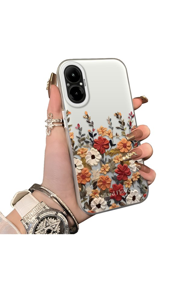 Realme C67 4g Compatible Hard Acrylic Back Silicone Edge Lens Protection Case Beautiful Flower