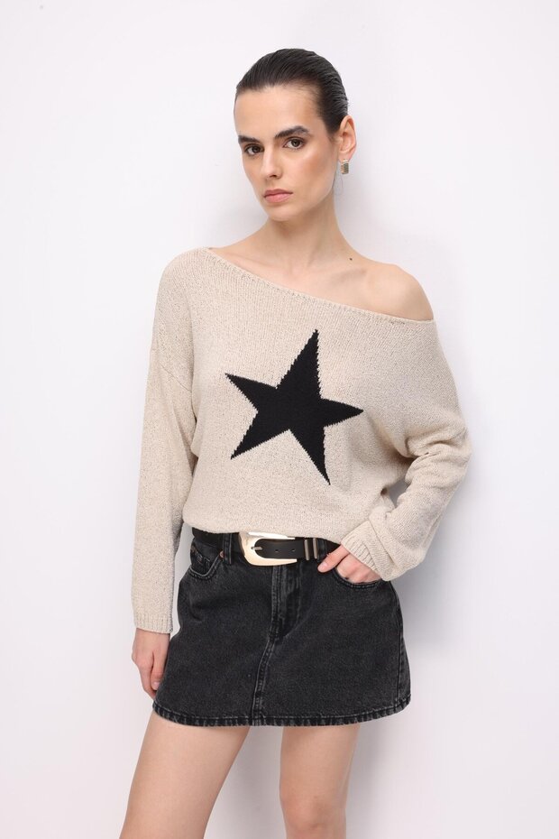 7030 Women's Boat Neck Seasonal Starry Knitwear Sweater Stone
