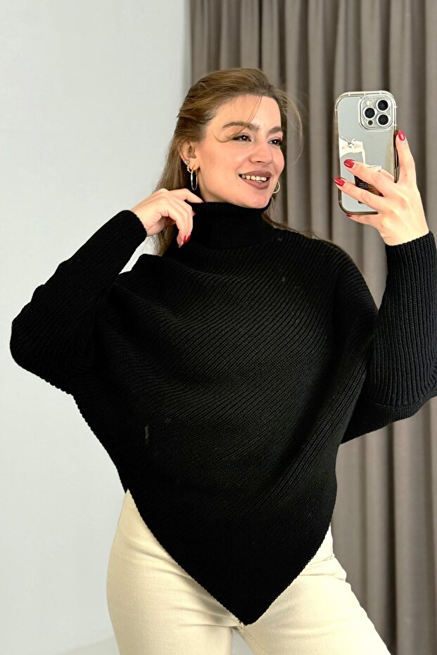 Women's Turtleneck Asymmetrical Cut Sweater Black
