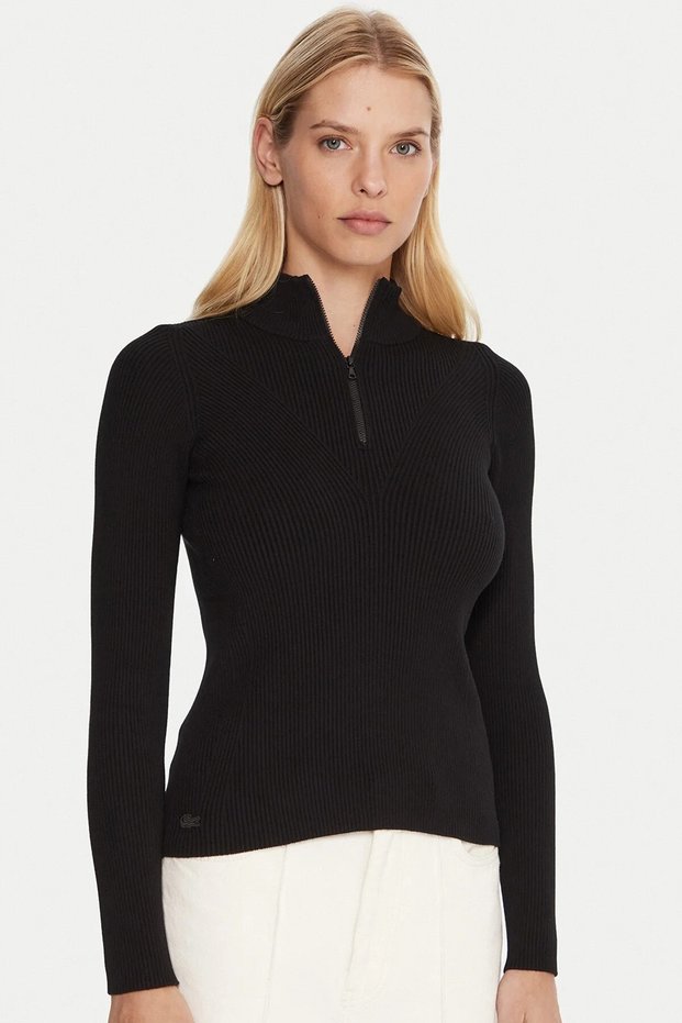 Tight Fit High Neck 3D Ribbed Knit Sweater Women's Slim Fit Half Zipper Full Length Corded Fabric Kaz