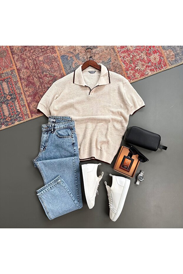 Men's Polo Collar T-Shirt and Jeans 2-Piece Set of Cotton