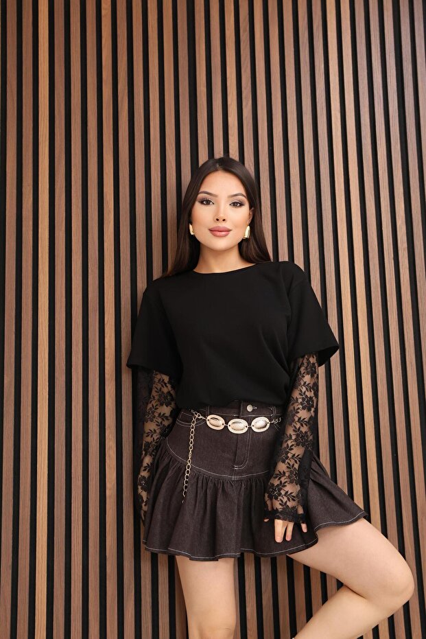 Dantel Kol Detay Tshirt - 5