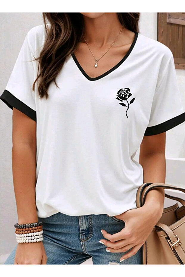 Mix B Printed V-Neck Black B Piped P Cotton U Regular Fit Women's White Tshirt