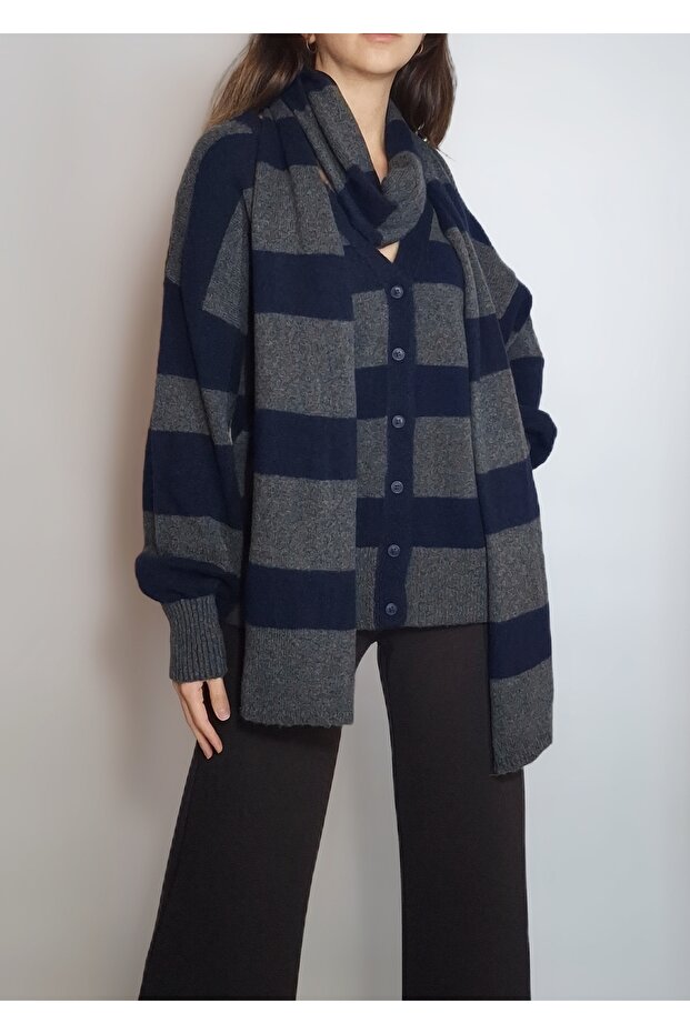 Women's Dark Blue Gray Block Striped Knitted Cardigan Yy101357