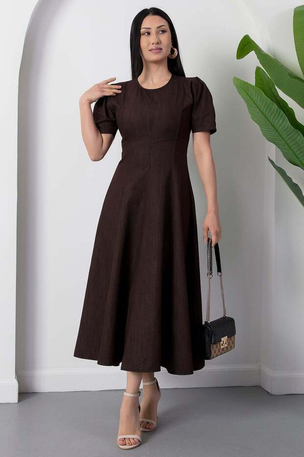 Crew Neck Piece Pleated Denim Dress 2026-4552