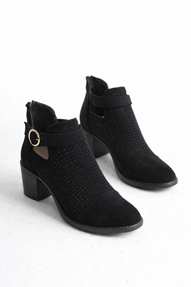 Women's Black Suede Zippered Heeled Perforated Summer Boots
