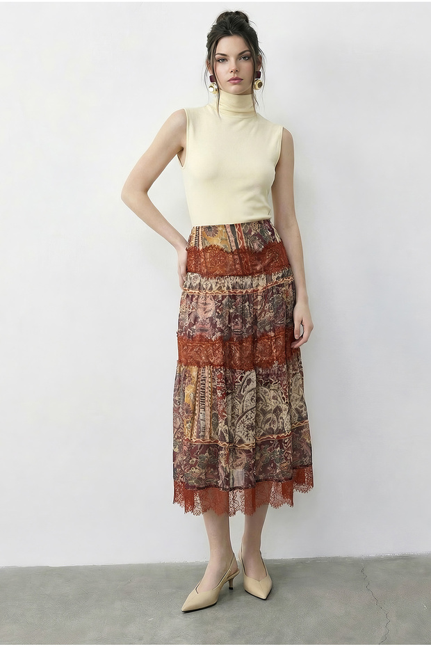 Women's Orange Multi Patterned Lace Detailed Lined Maxi Skirt 37207 60283997