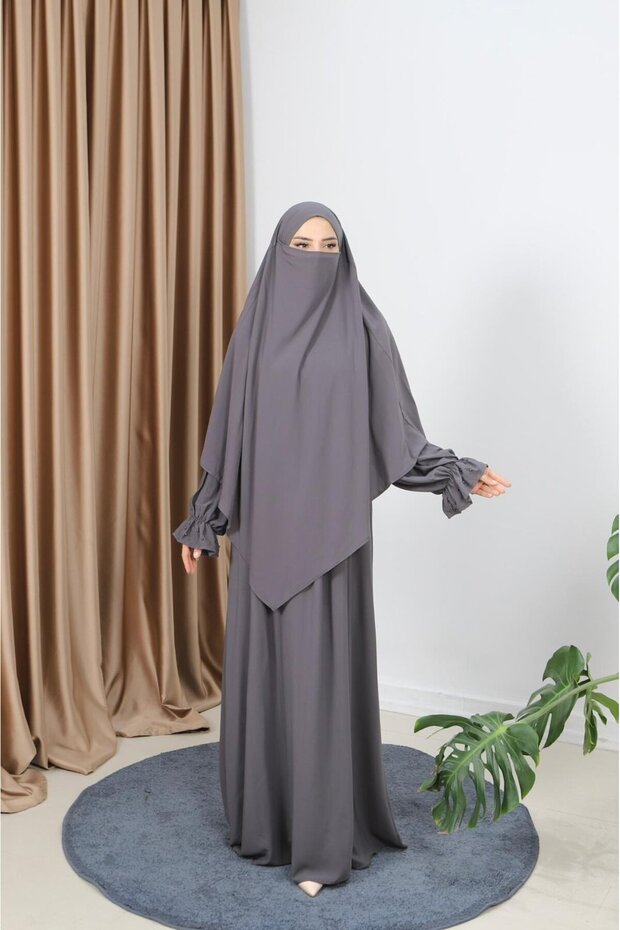 Sleeveless Beaded Dress Souffle Set Umrah and Hajj Clothing Gray Hnt7102