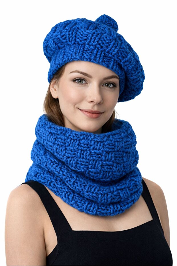 - Emine 9106 0257 Hand Knitted Women's Beret and Neck Collar – 2-Piece Winter Knitting Set - Turquoise