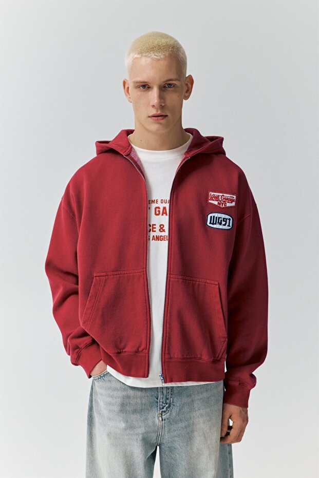 Fermuarlı yamalı kapüşonlu sweatshirt - 1