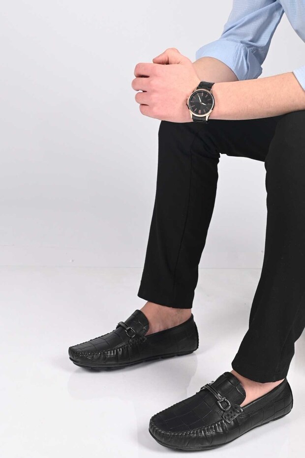 Laceless Buckled Polyurethane Sole Genuine Leather Loafers 028-1070 Men's Shoes