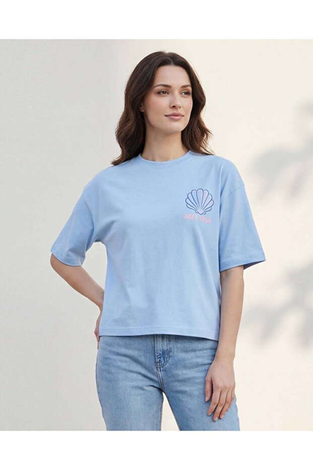 Women Pale Blue Graphic Interlock T-Shirt