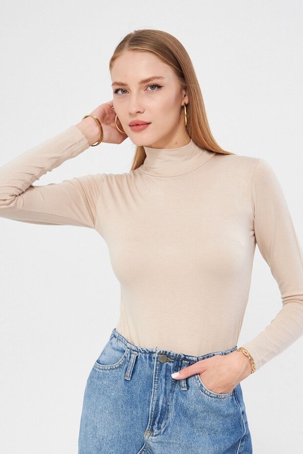 Turtleneck Long Sleeve Badi Viscose Stretch Fabric Body 123 Beige