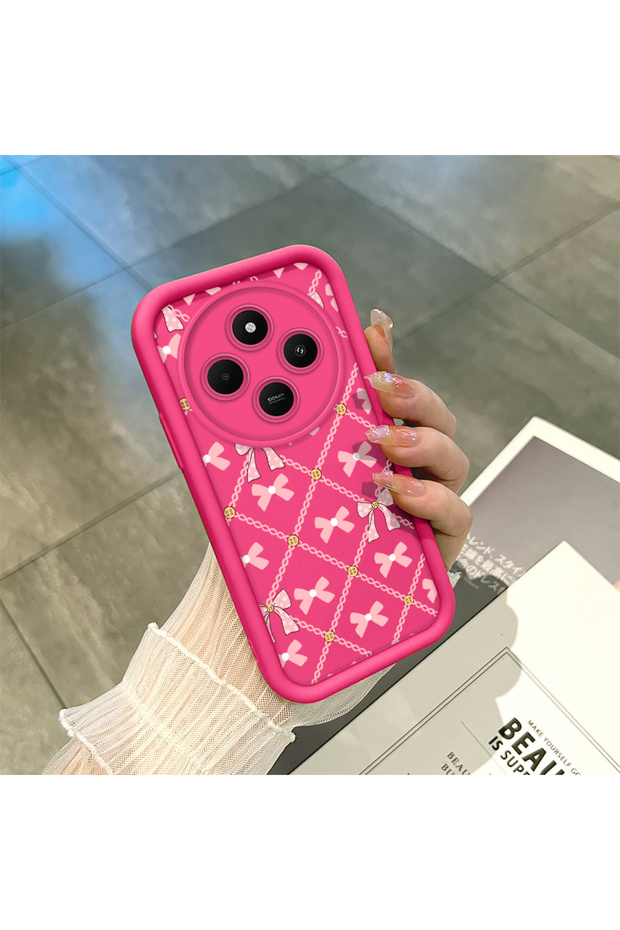 Redmi 14C Compatible Silicone Shockproof Rose Red Phone Case Bow Pattern - 4