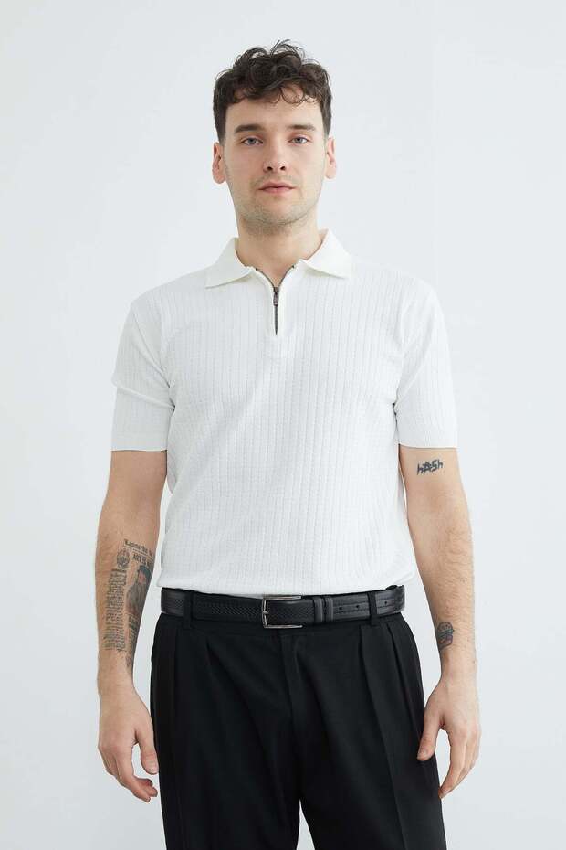 Corded Fabric Polo Collar Half Zip Knitwear T-Shirt