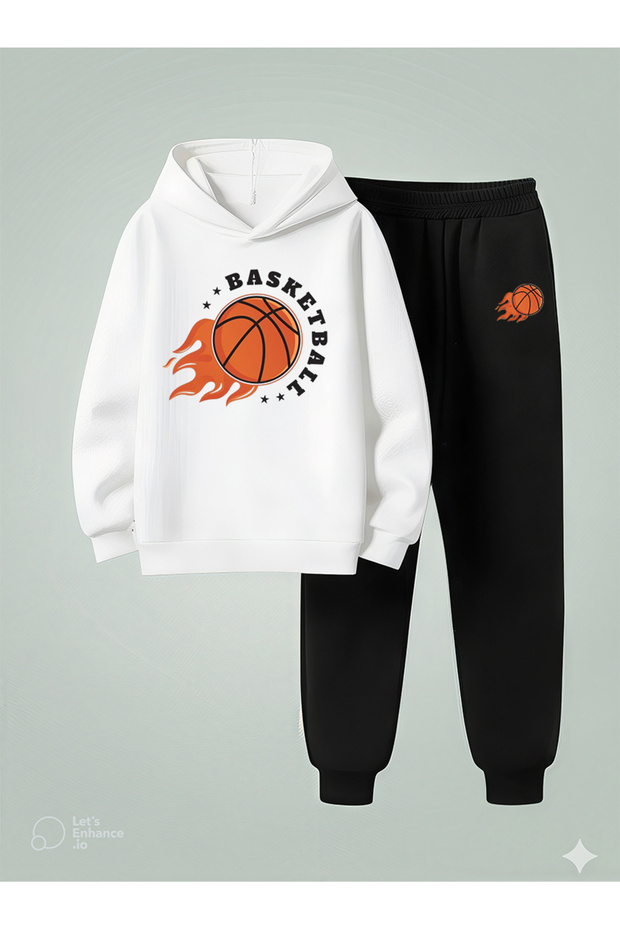 Kids Boys Hooded Set Basket Ball 3 Thread Yarn Sh Brushed Inside Sweatshirt - Tracksuit Set