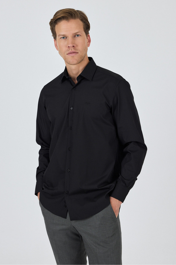 Black Hard Collar Long Sleeve Pocketless Comfort Fit Cotton Pack Shirts 1004255287