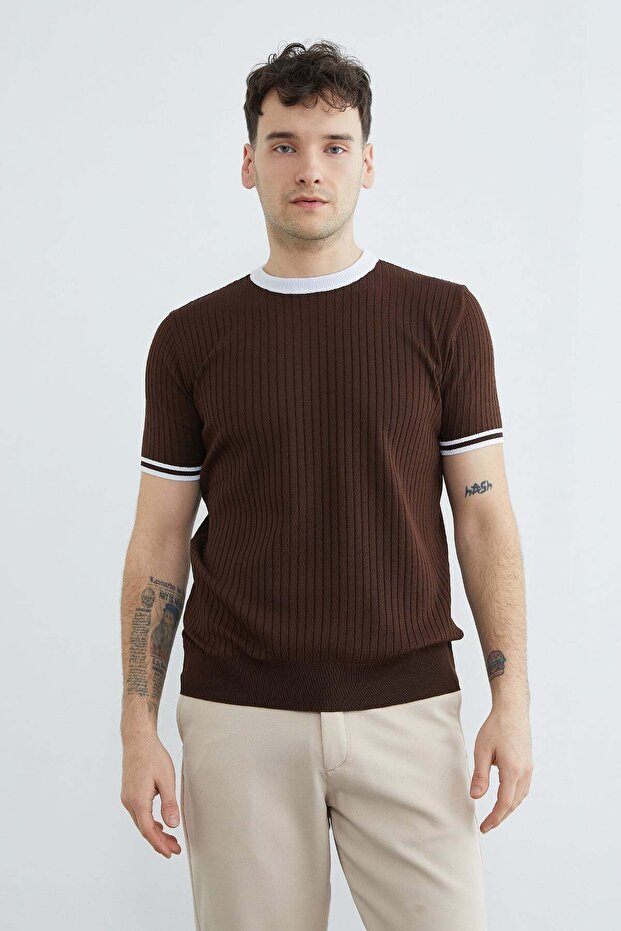 Corded Fabric Piped Crew Neck Knitwear T-Shirt