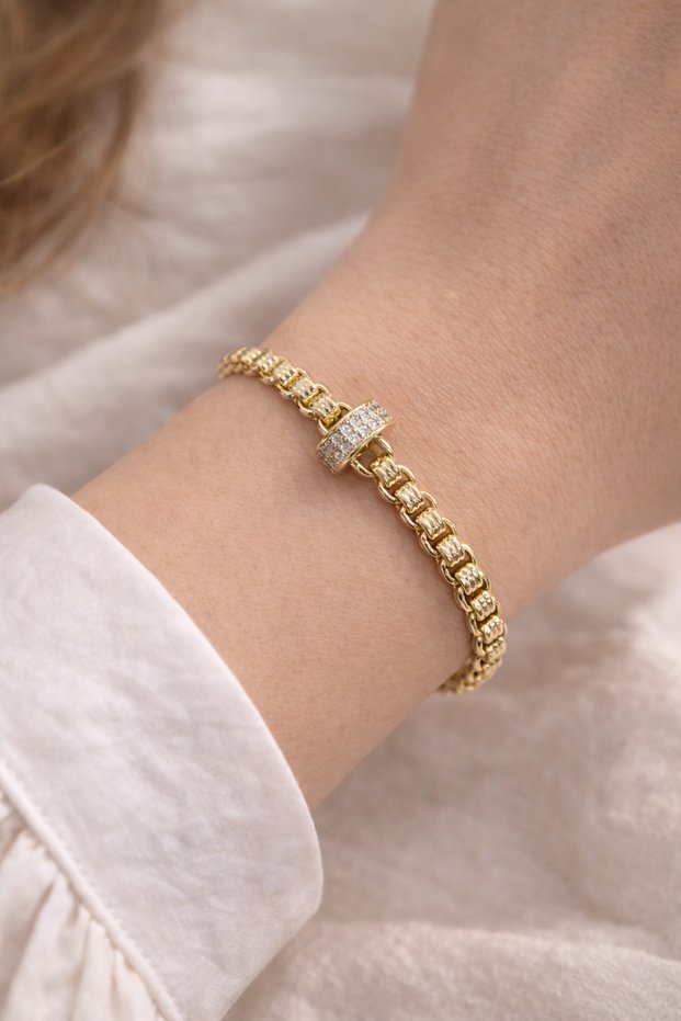 Gold Color Steel Bracelet with Zircon Stone and Cylinder Detail Chain Women's Bracelet