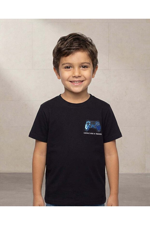 Boys Black Chenille Embroidery T Shirt