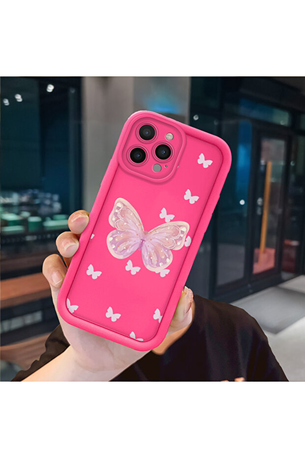 حافظة هاتف آيفون 14 برو ماكس متوافقة مع السيليكون المقاوم للصدمات باللون الأحمر الوردي بنمط الفراشة - 3