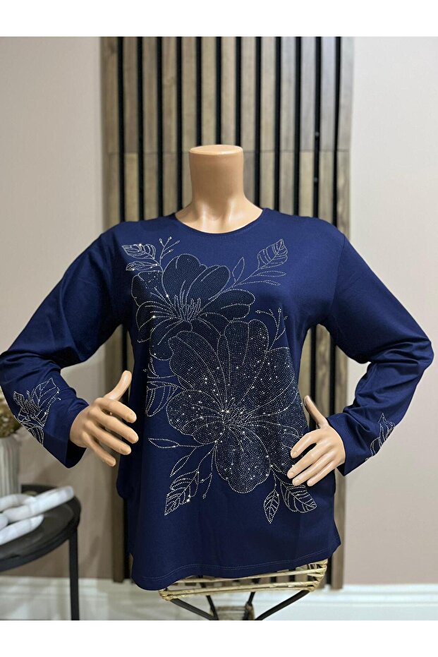 Women's Middle Age and Above Large Rose Patterned Stone Mother Combed Cotton Blouse