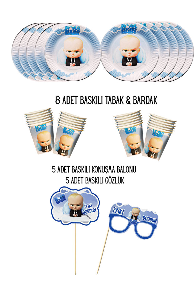 Patron Bebek Printed 8-Person Plate, Cup & 5-Piece Speech Balloon & Glasses Cake Topper Party Set