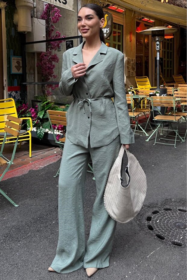 Khaki Tie-Detail Modal Women's Jacket Set Mg2738