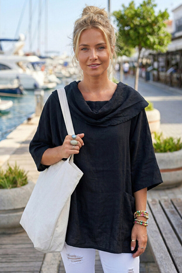 Black Shawl Collar Short Sleeve Double Pocketed Casual Linen Look Wide Cut Woven Blouse 65 60
