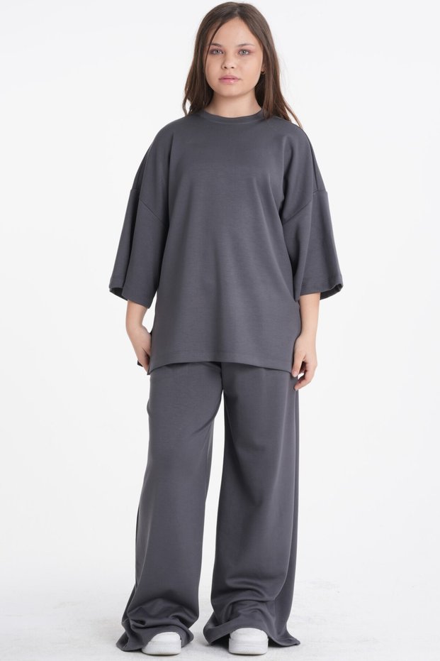Girl's Smoked Oysho Fabric Relaxed Fit Oversized T-Shirt and Wide Leg Sweatpants Set