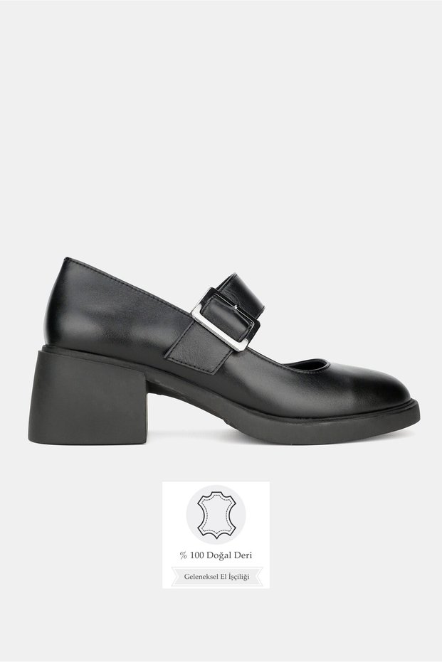 Women's Black Genuine Natural Leather Leather -41 Size Buckle Mary Mary Janes Kkabi