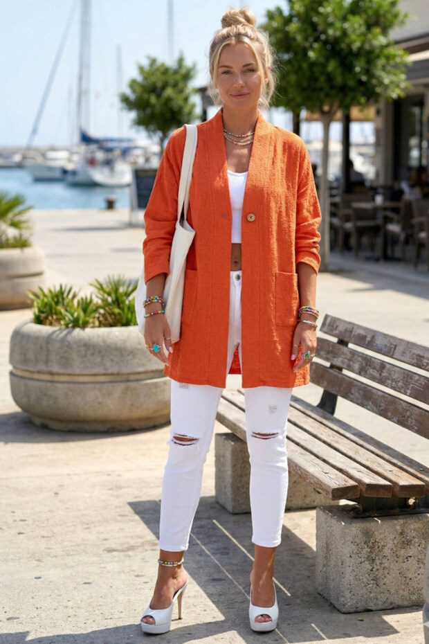 Orange Kimono Collar 3/4 Sleeve Buttoned Double Pocketed Casual Flared Cotton Piece Fabric Woven Jacket 85 60