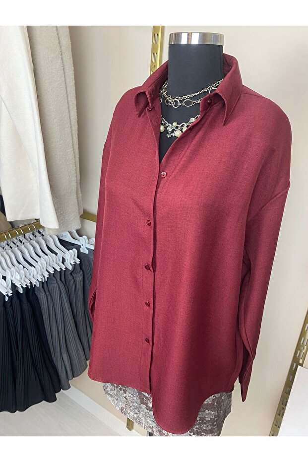 Kadın Bordo Oversize Uzun Basic Gömlek - 3