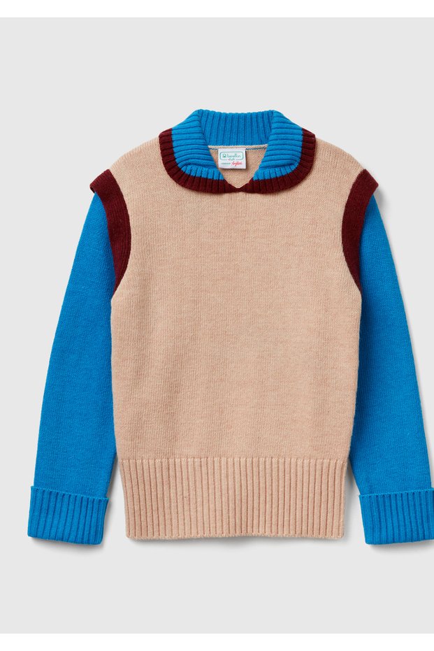 Girl's beige Wool Blend contrast polo neck stranger things knitwear