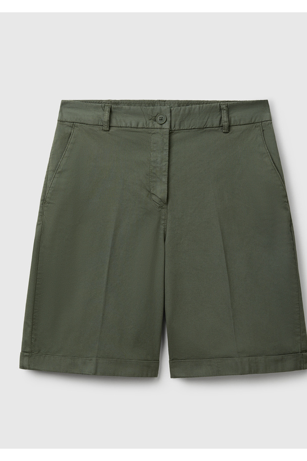 Women's Khaki Cotton Blend Buttoned Front Regular Fit Bermuda Shorts