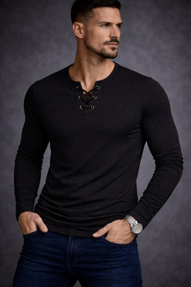 Special Edition Black Drawstring Collar Long Sleeve Wide Collar Crew Neck T-Shirt Tshirt