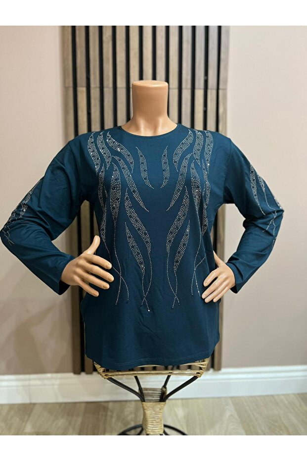 Women's Middle Age and Above Lale Patterned Stretch Fabric Stoned Mother Combed Cotton Blouse
