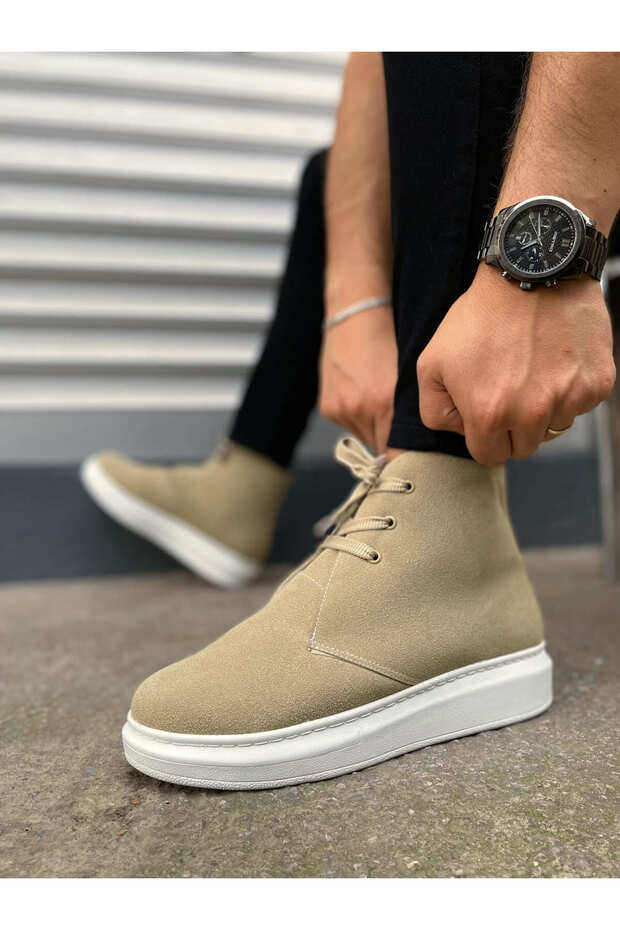 Cream Suede Lace-Up Men's Sneakers Boots