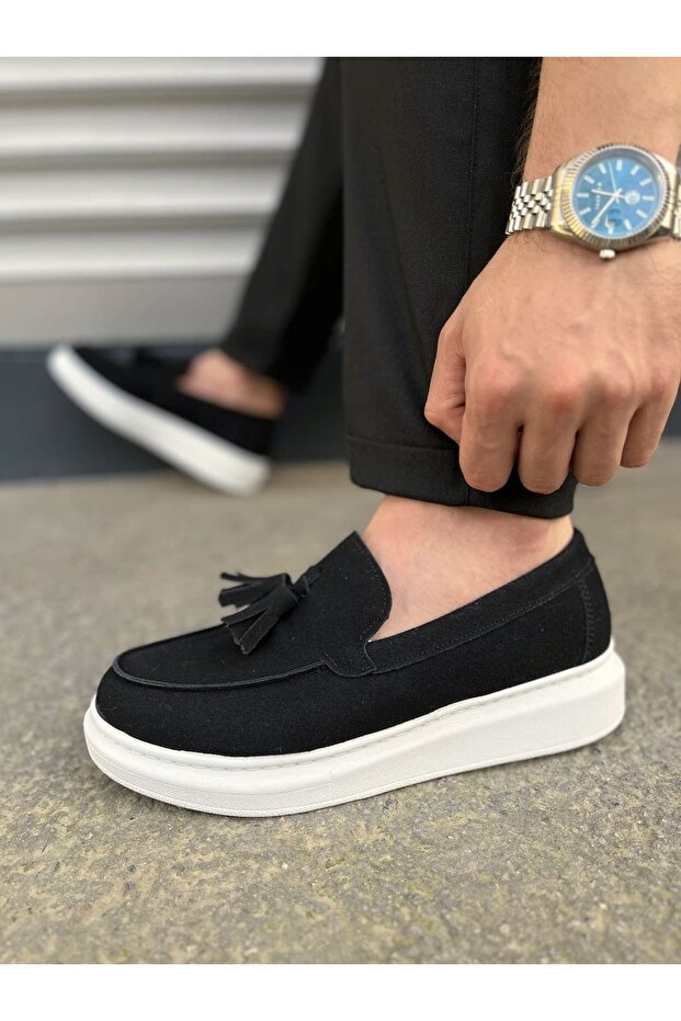 Black Suede (White Sole) Tasseled Men's Casual Shoes