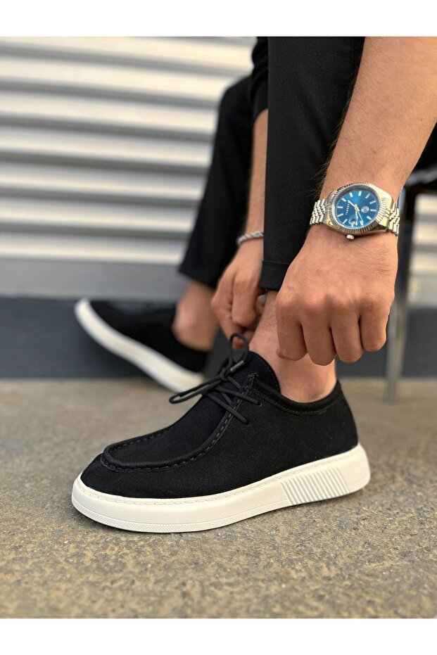 Black Suede (White Sole) Lace-Up Men's Casual Shoes
