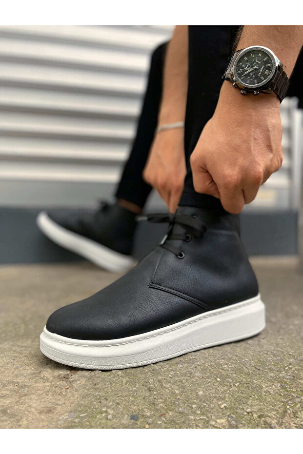 Black (White Sole) Lace-Up Men's Sneakers Boots