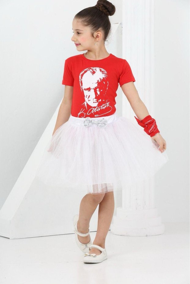 23 April Show Outfit Girls' Tutu White Skirted Ataturk Printed Red T-Shirt Set