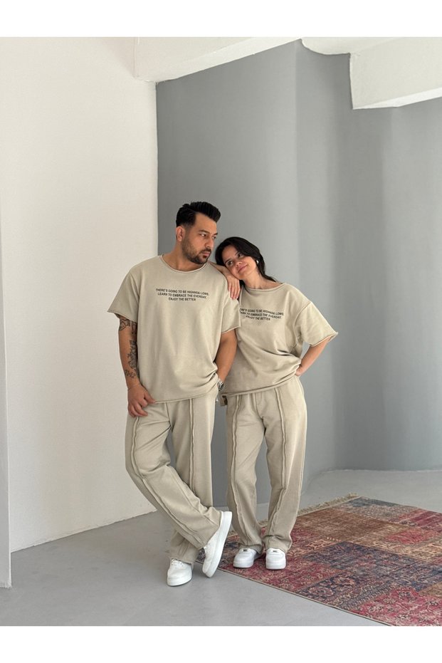 Unisex Laser Cut Tshirt - Seam Detail Tracksuit Couple Combination Set of 4