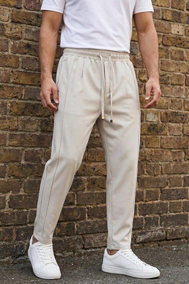 Men's Pleated Light Gray Trousers with Elastic Laces, Comfortable Fit, Casual Trousers Ls-23136