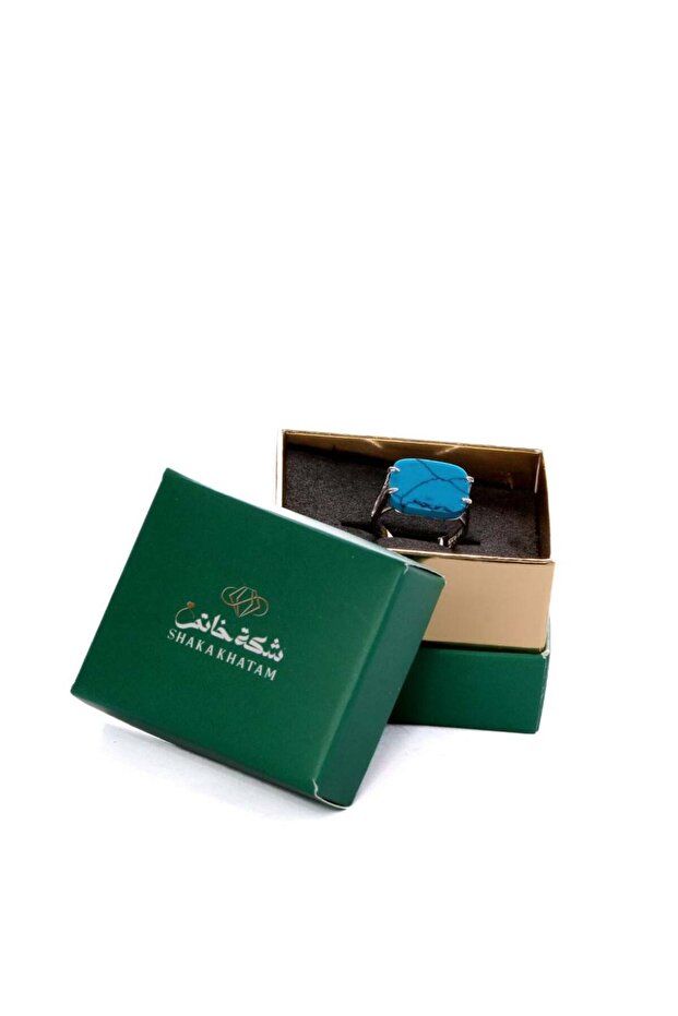 خاتم فضي مربع مرصع بالفيروز - 2